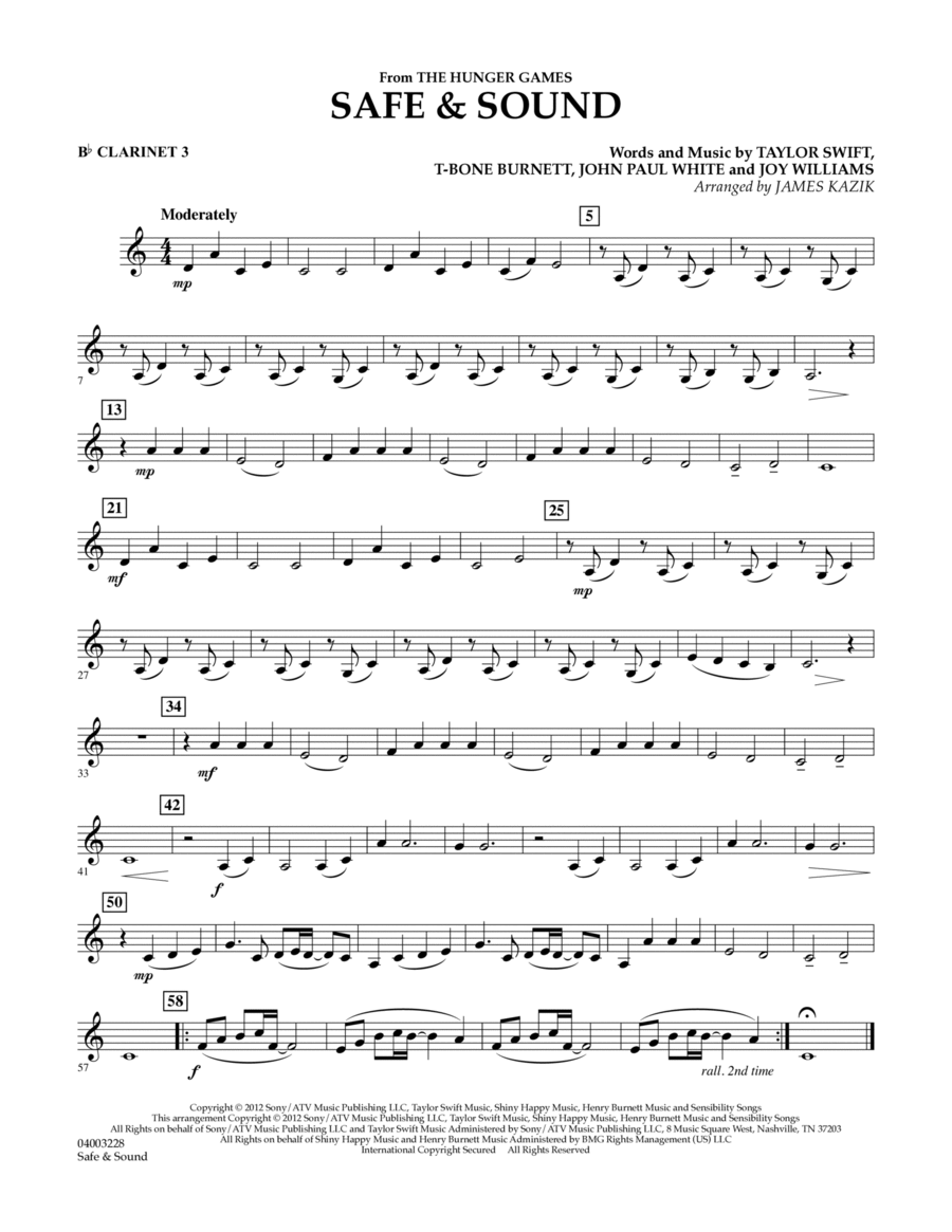 Safe & Sound (from The Hunger Games) - Bb Clarinet 3 Concert Band scores gallery preview page 1