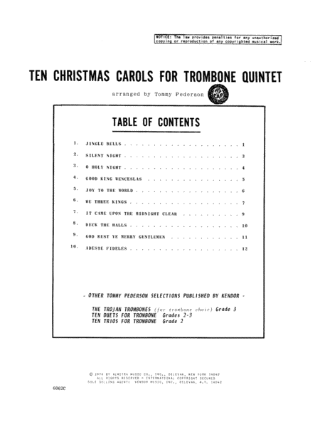 Ten Christmas Carols For Trombone Quintet - 4th Trombone