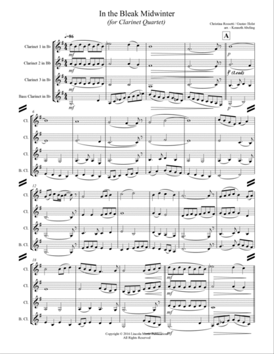 In the Bleak Midwinter (for Clarinet Quartet) Clarinet Quartet scores gallery preview page 2
