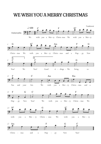 We Wish You a Merry Christmas for cello • easy Christmas sheet music with chords and lyrics image number null
