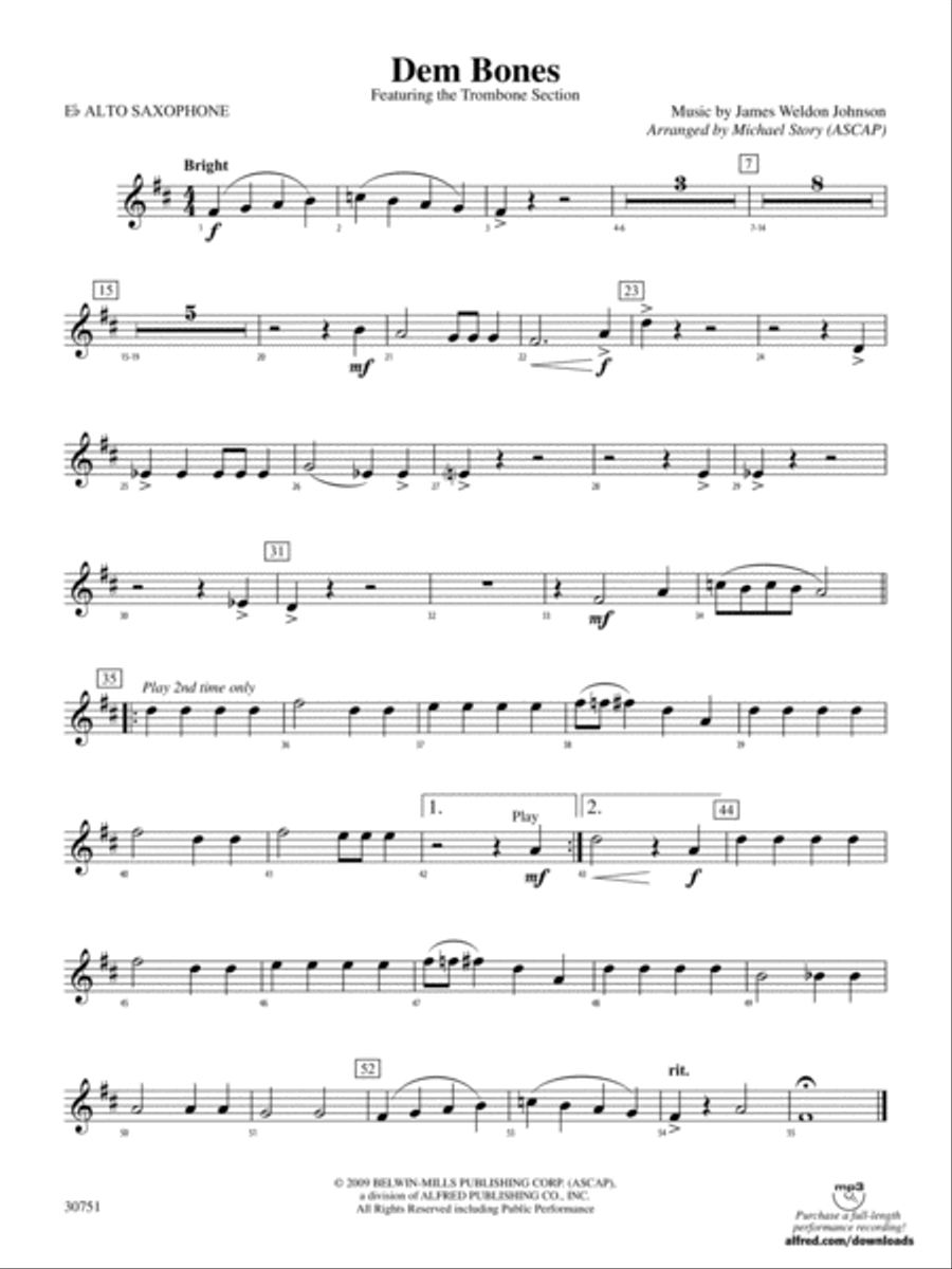 Dem Bones: E-flat Alto Saxophone Concert Band scores gallery preview page 1