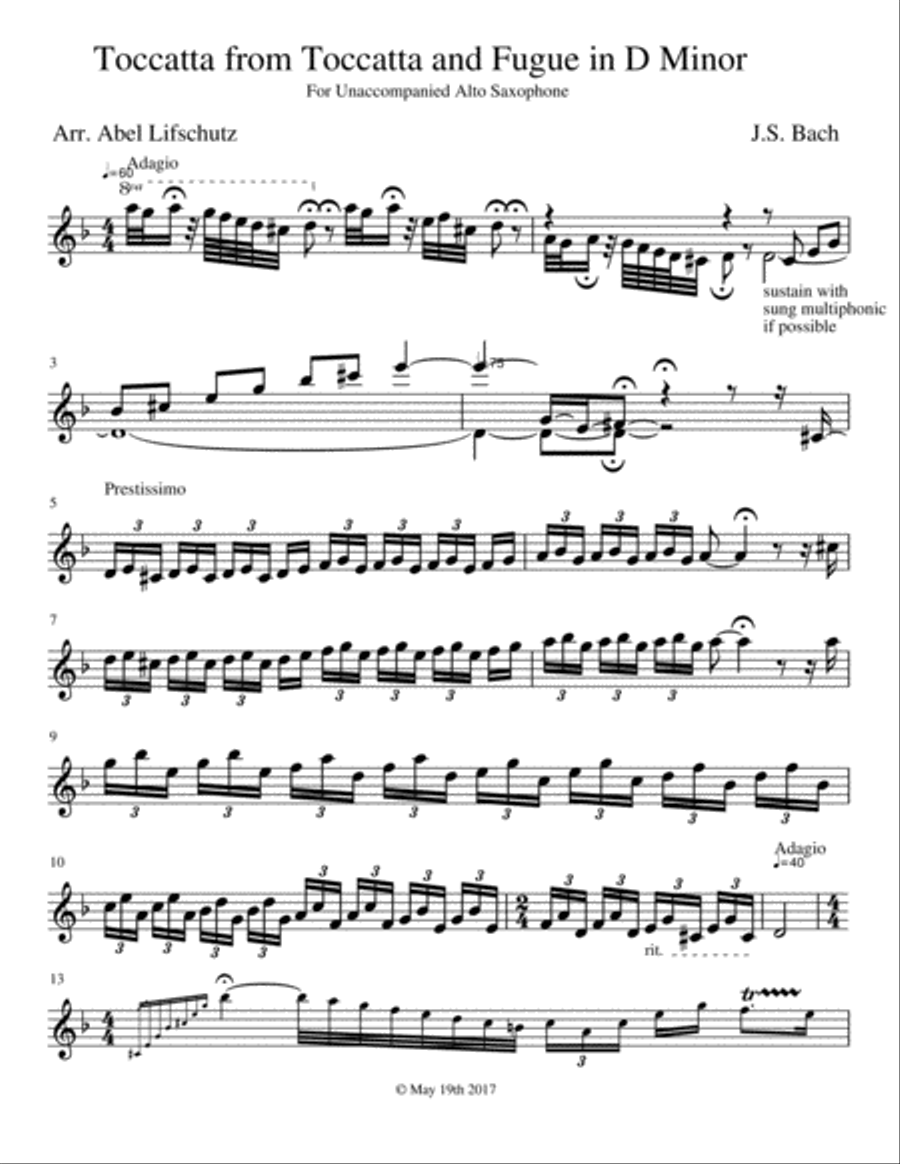 Toccatta, from Toccatta and Fugue in D Minor Alto Saxophone scores gallery preview page 1