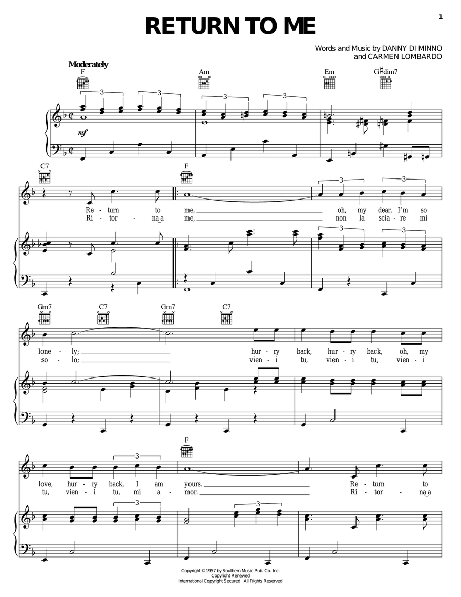 Return To Me Piano, Vocal, Guitar scores gallery preview page 1