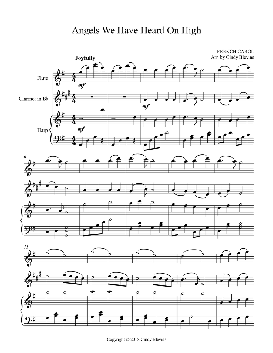 Angels We Have Heard On High, for Harp, Flute and Clarinet Clarinet scores gallery preview page 2