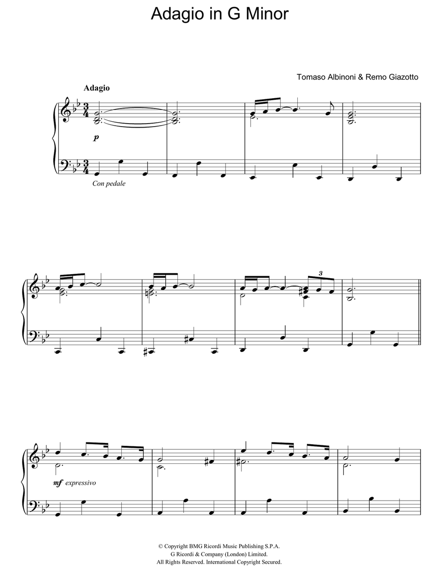 Adagio In G Minor Easy Piano scores gallery preview page 1