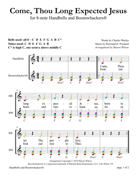 Come, Thou Long Expected Jesus for 8-note Bells and Boomwhackers (with Color Coded Notes) image number null