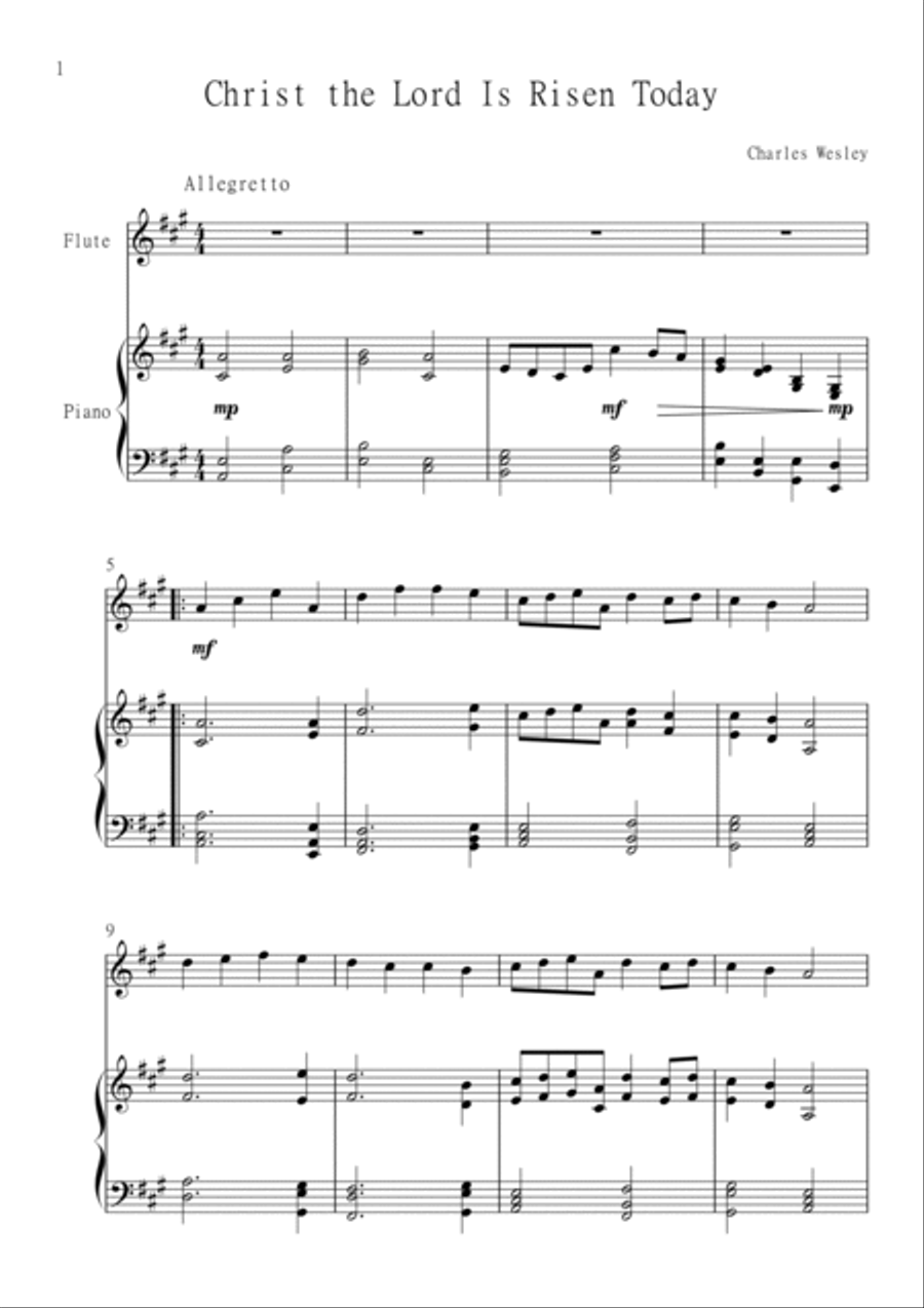 Christ the Lord is Risen Today (Jesus Christ is Risen Today) for Flute and Piano in A major. Interme Small Ensemble scores gallery preview page 2