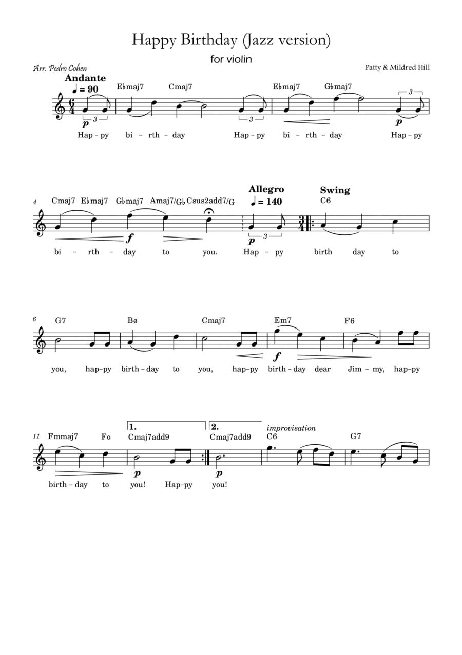 Happy Birthday (jazz version) Violin Solo scores gallery preview page 1