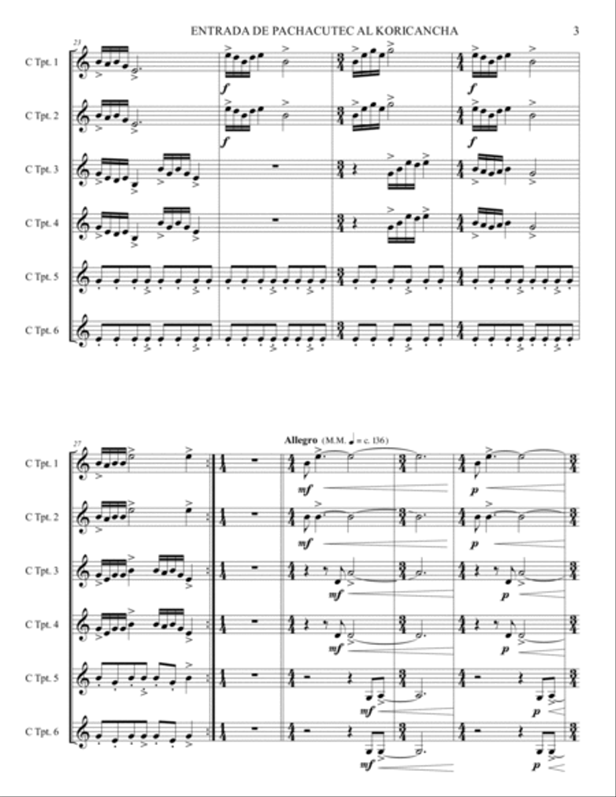 Entrance of Pachacutec to the Koricancha, Op7 for 6 trumpets Brass Ensemble scores gallery preview page 3