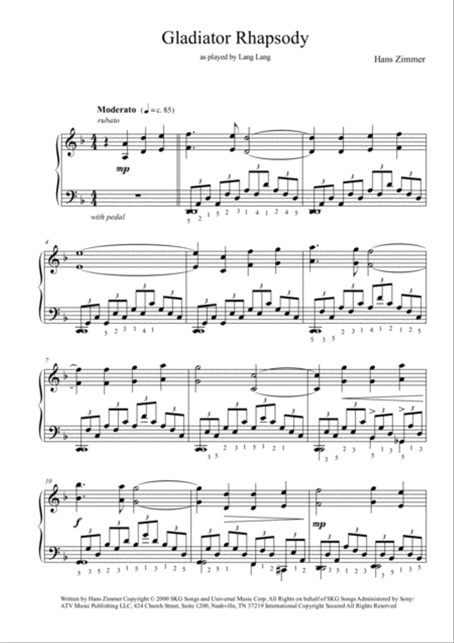 Gladiator Main Theme Piano Solo scores gallery preview page 1