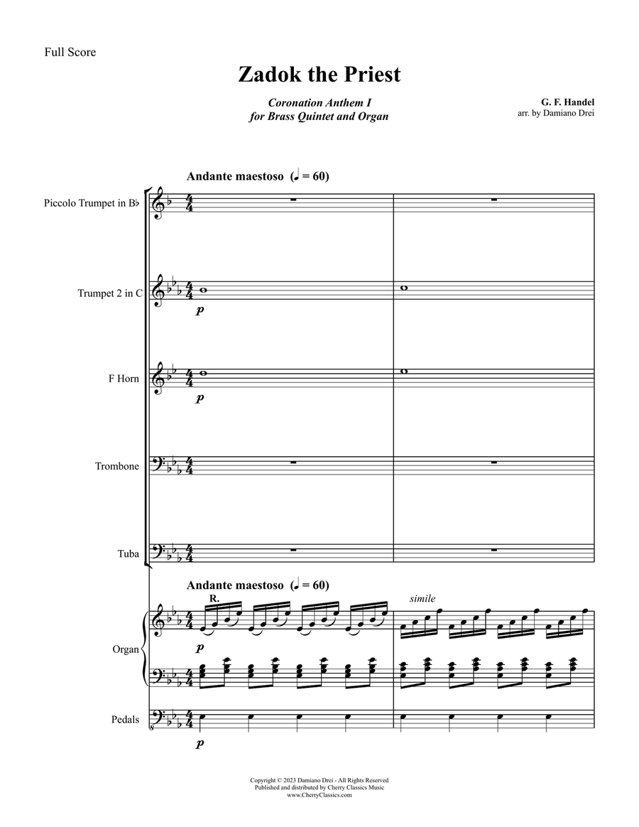 Zadok the Priest for Brass Quintet and Organ Small Ensemble scores gallery preview page 1