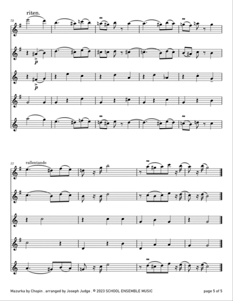 Mazurka by Chopin for Saxophone Quartet in Schools Saxophone Quartet scores gallery preview page 5