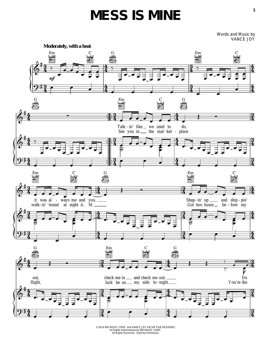 Mess Is Mine Piano, Vocal, Guitar scores gallery preview page 1