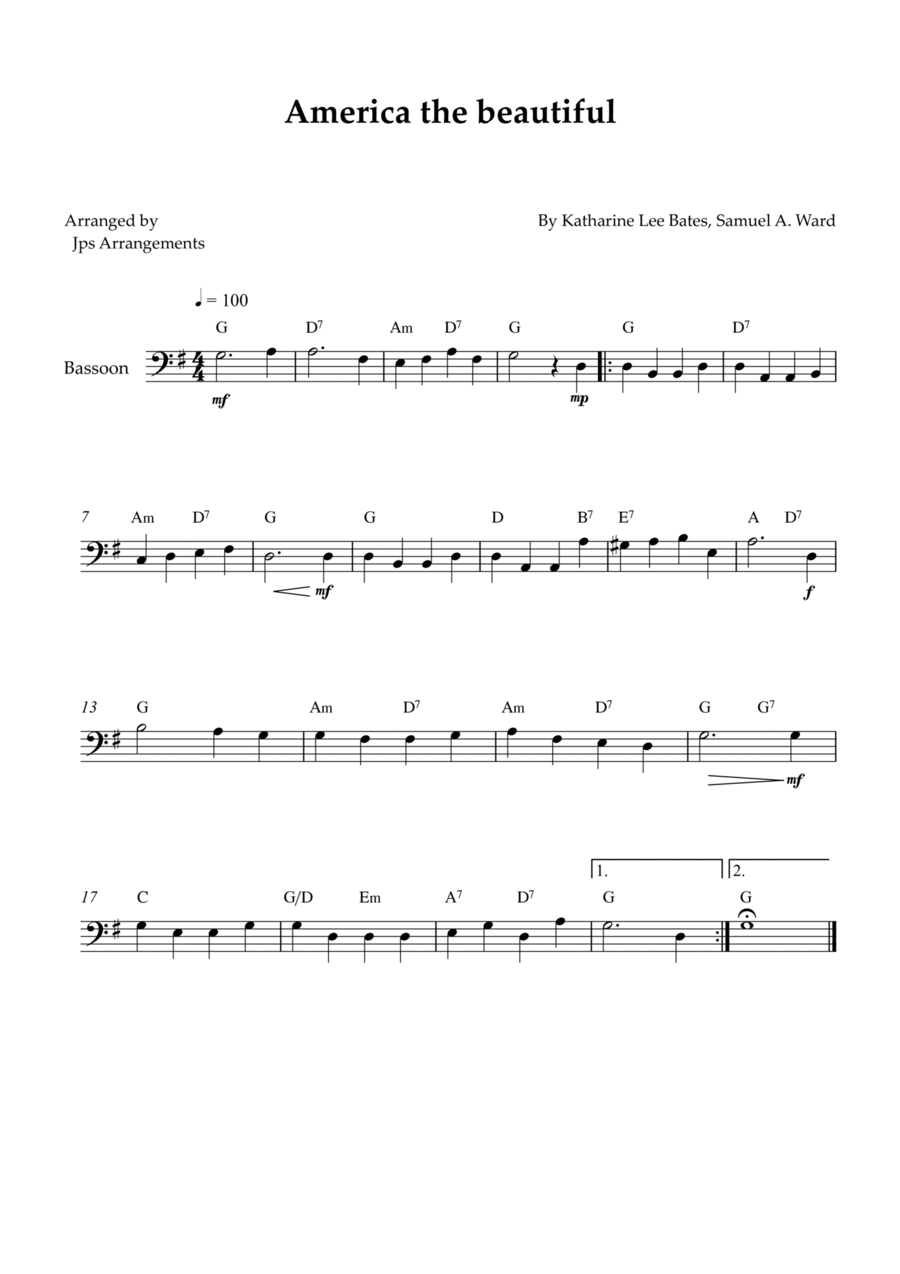America The Beautiful - Bassoon solo (+ CHORDS) Bassoon Solo scores gallery preview page 1