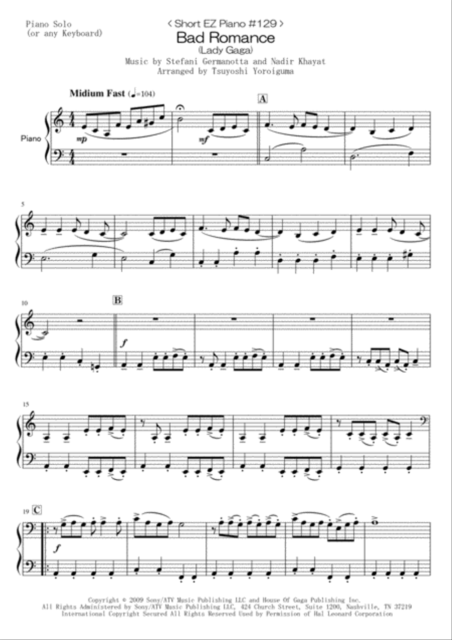 Bad Romance Easy Piano scores gallery preview page 1