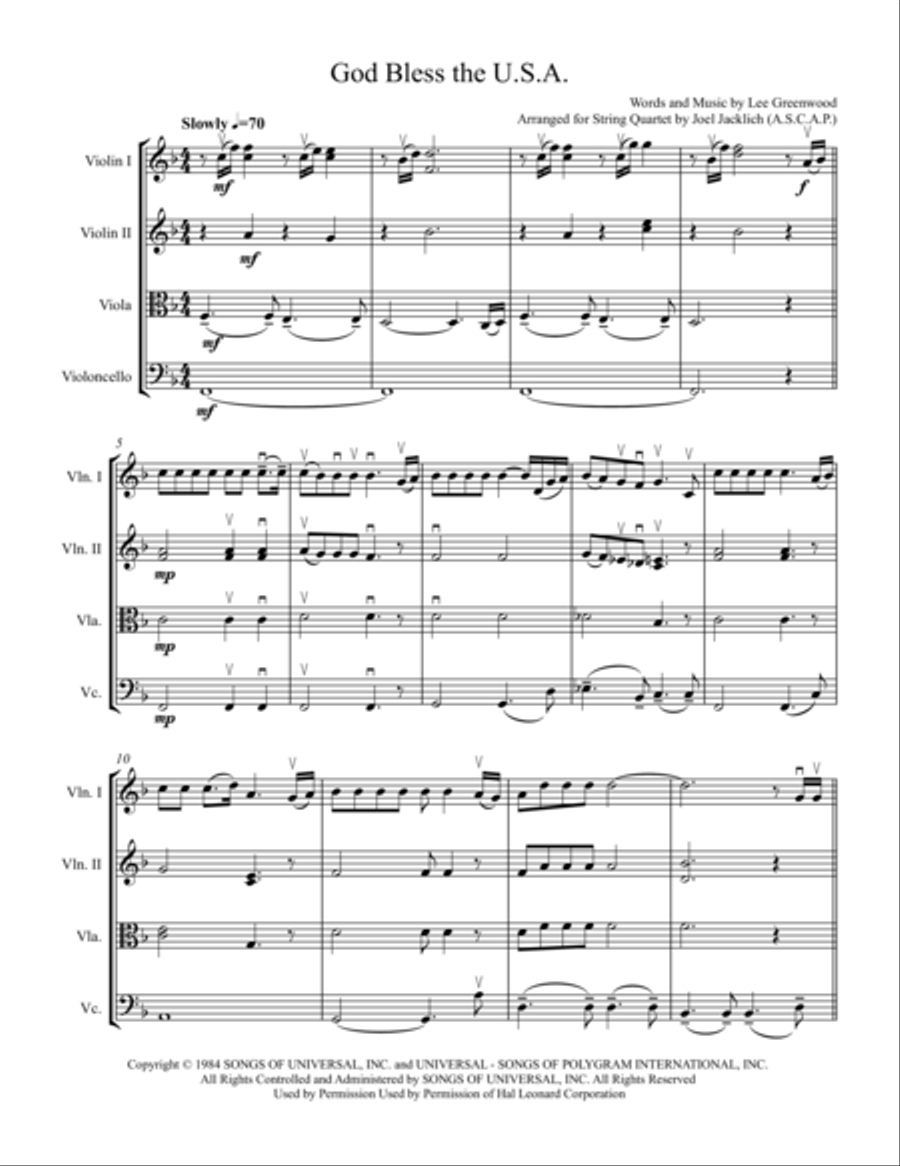 God Bless The U.S.A. String Quartet scores gallery preview page 1