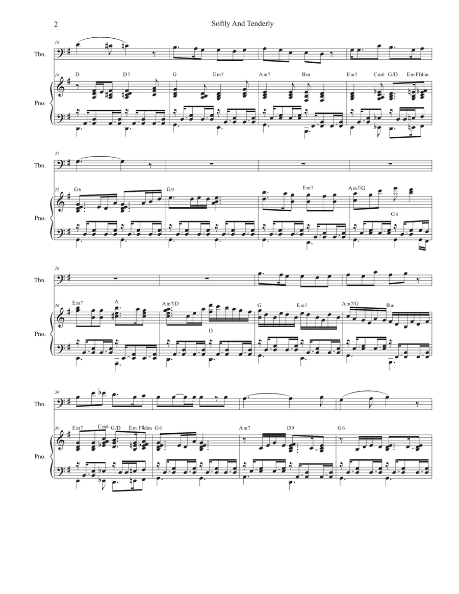 Softly And Tenderly (Trombone solo and Piano) Piano scores gallery preview page 2