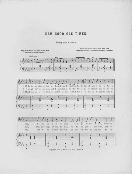 Dem Good Ole Times. Plantation Song & Chorus