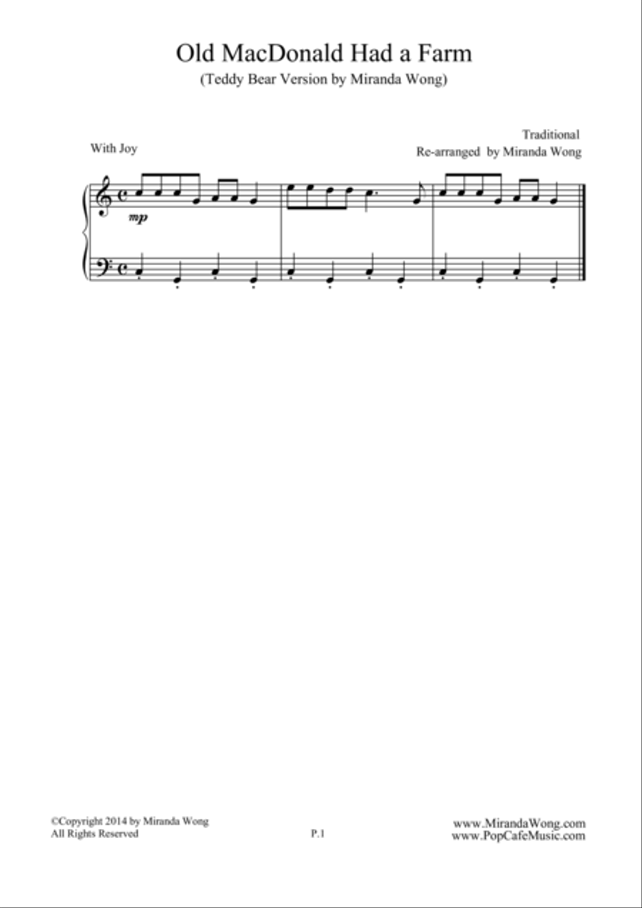 Old Macdonald Had A Farm - Teddy Bear Version for Piano Solo Easy Piano scores gallery preview page 1