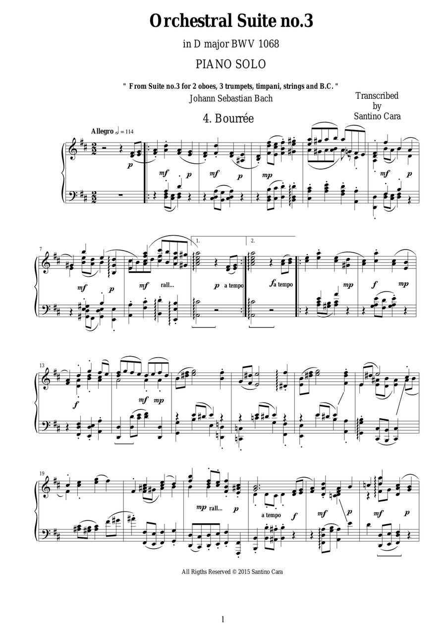 J.S.Bach - Orchestral Suite no.3 in D major BWV 1068 - 4. Bourrée - Piano version Piano Solo scores gallery preview page 1