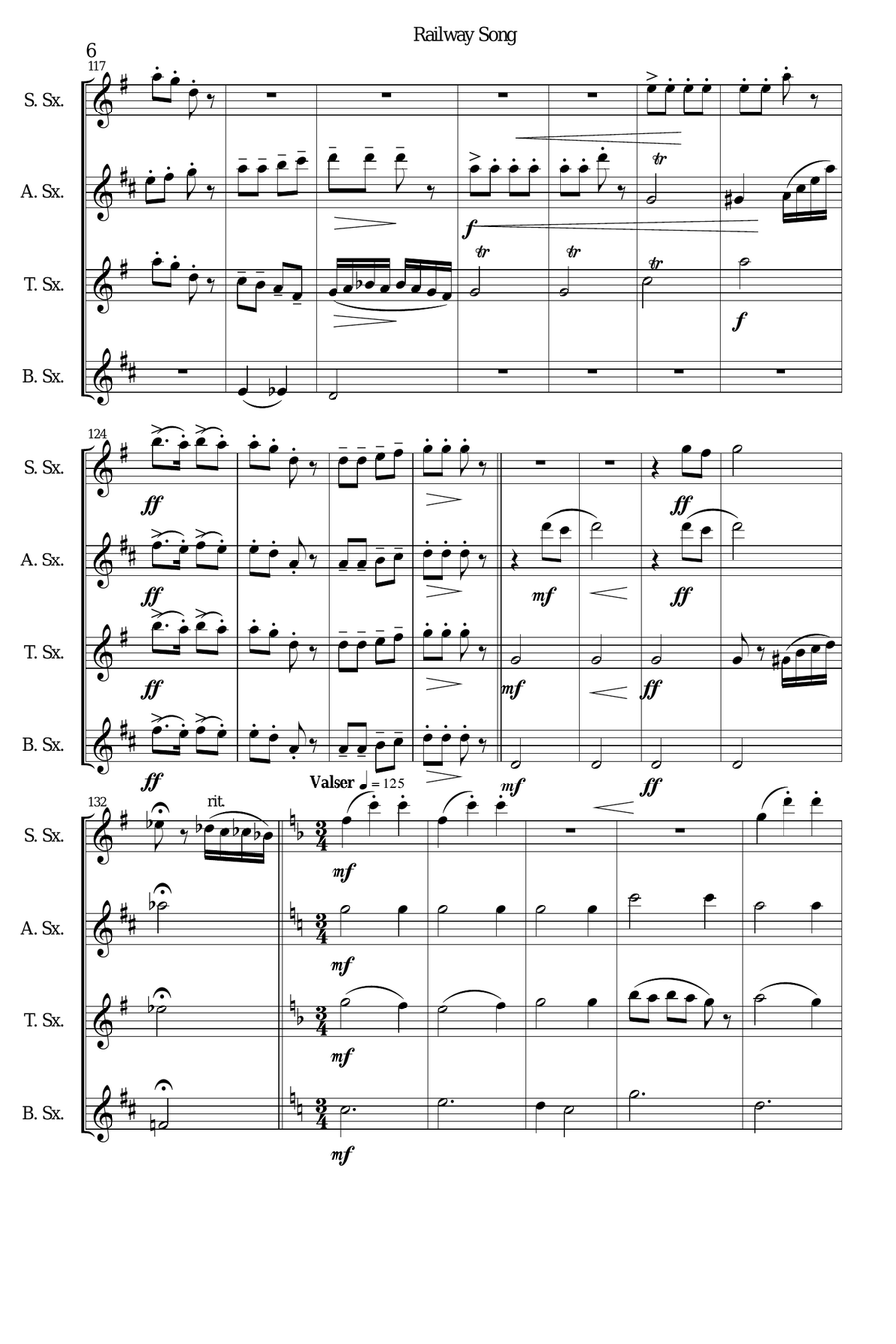 Railway Song (Auf de schwäb'sche Eisebahne) for saxophone quartet Saxophone Quartet scores gallery preview page 6