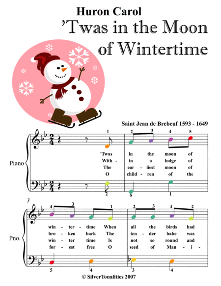 Huron Carol Twas In the Moon of Wintertime Easy Piano Sheet Music with Colored Noteheads