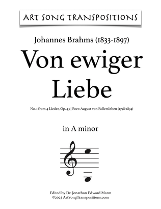 Book cover for BRAHMS: Von ewiger Liebe, Op. 43 no. 1 (transposed to A minor)