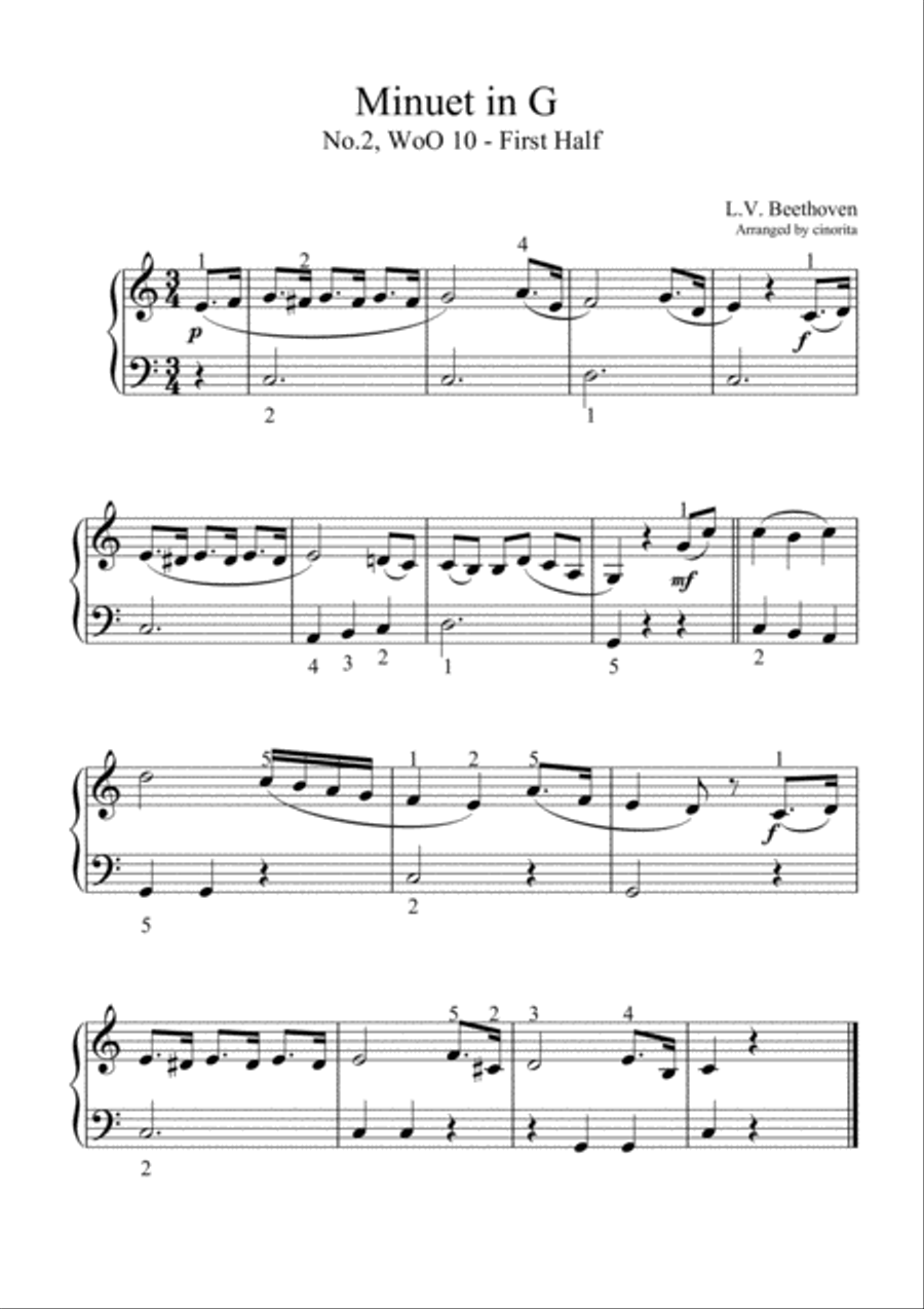 Minuet in G by Beethoven (For Beginner) Piano Method scores gallery preview page 1