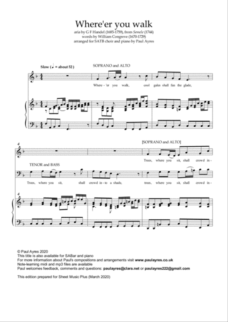 Where'er You Walk - arranged for SATB choir 4-Part scores gallery preview page 2