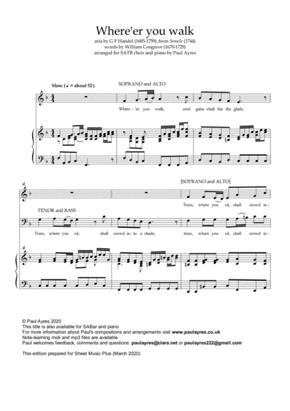 Where'er You Walk - arranged for SATB choir image number null