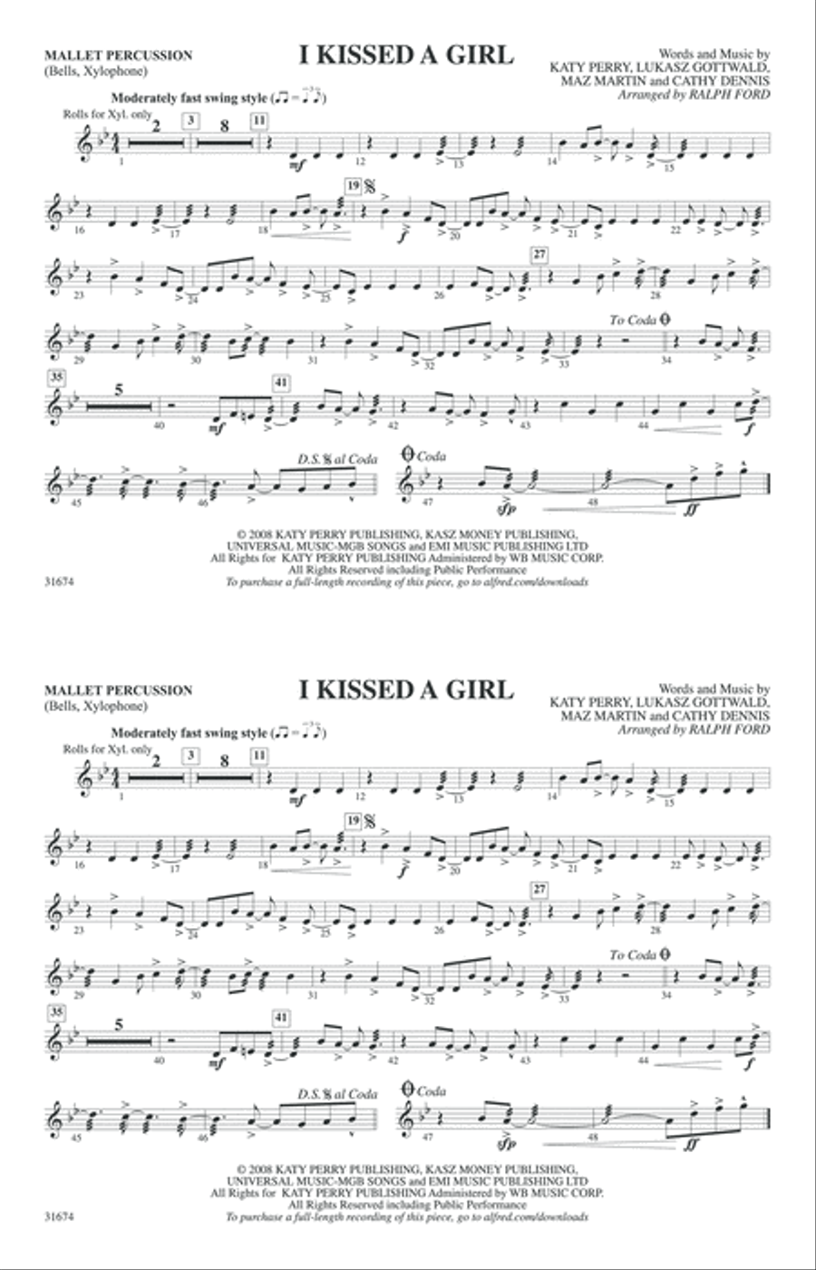 I Kissed a Girl: Mallets Marching Band scores gallery preview page 1