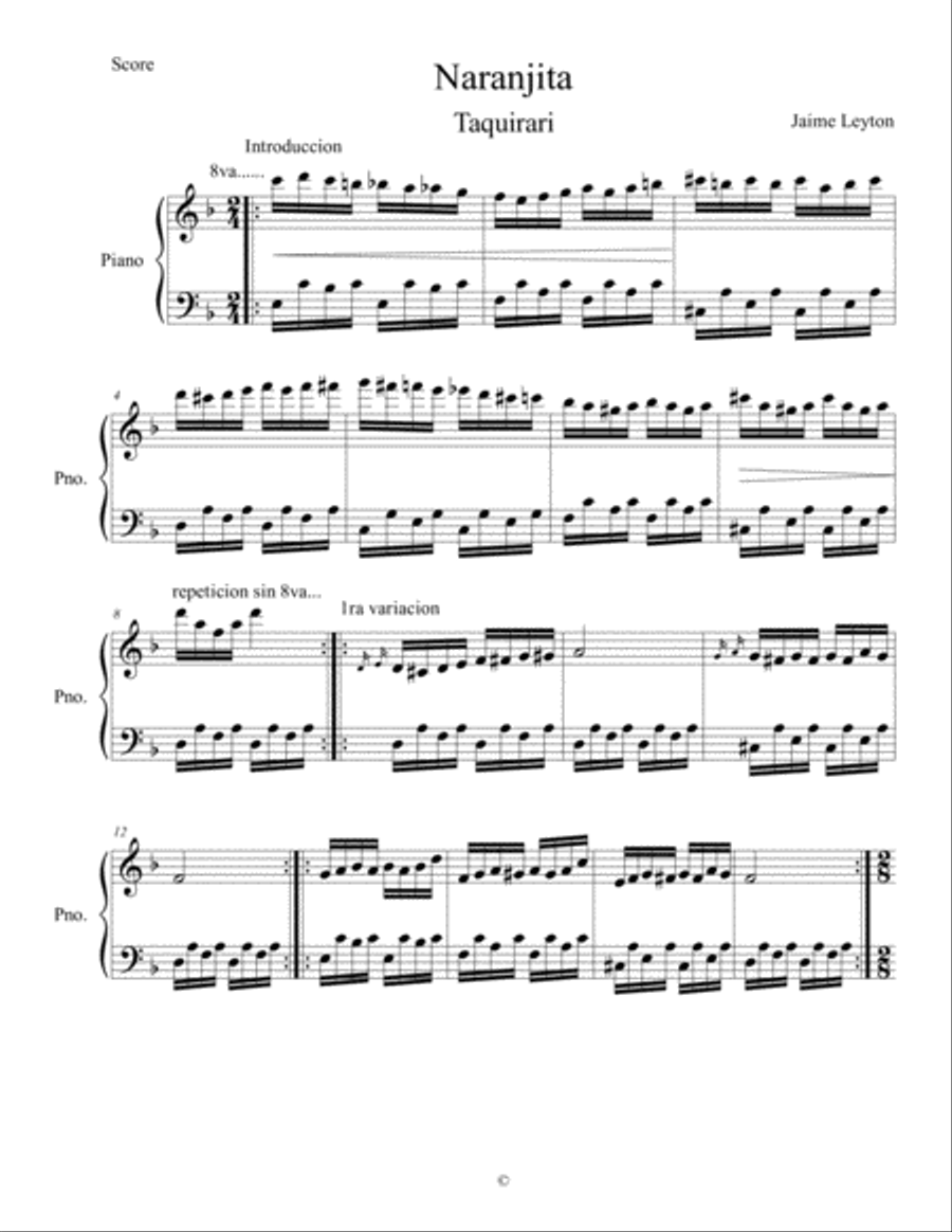 Naranjitay (Taquirari) Jaime Leyton Easy Piano scores gallery preview page 1