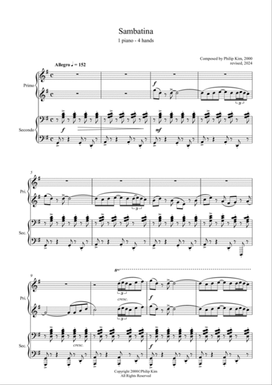 Sambatina, Original composition for piano duet (Intermediate level) by Philip Kim 1 Piano, 4-Hands scores gallery preview page 2