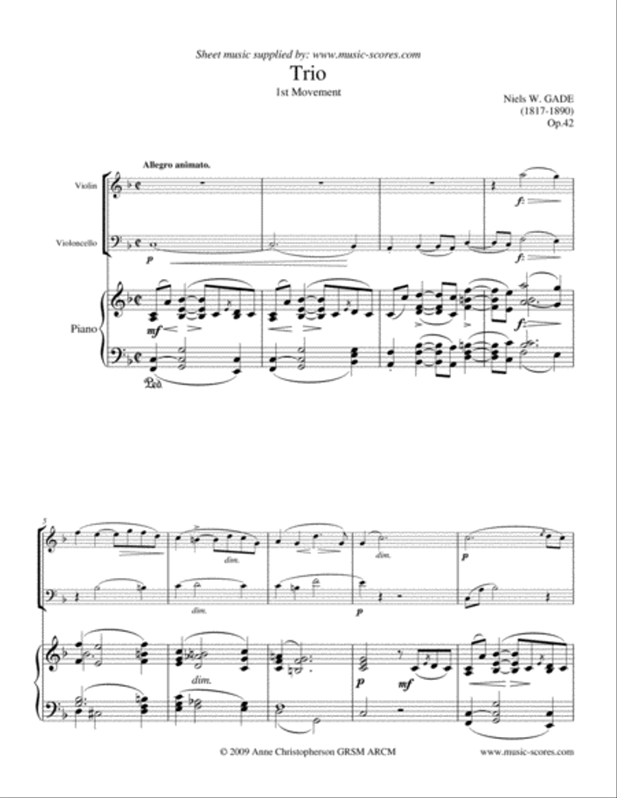 Gade - Allegro Animato - 1st movement from Piano Trio - Violin, Cello and Piano Piano Trio scores gallery preview page 1