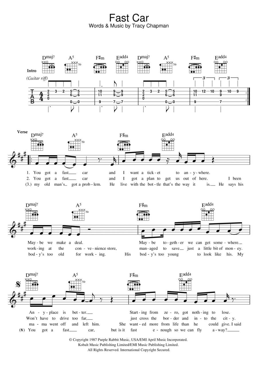 Fast Car Fast Car Piano scores gallery preview page 1