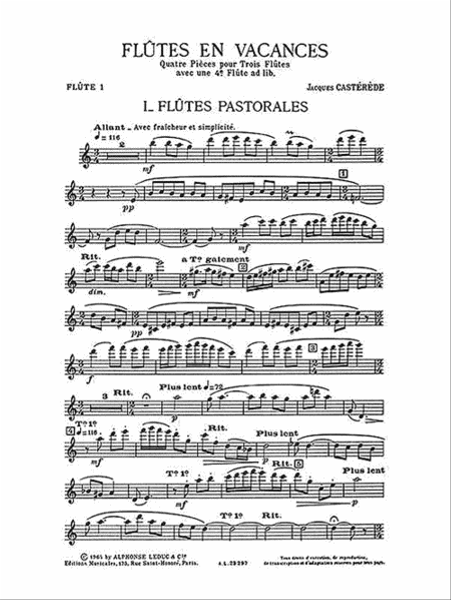 Jacques Casterede - Flutes En Vacances Pour 3 Ou 4 Flutes Flute Quartet scores gallery preview page 3