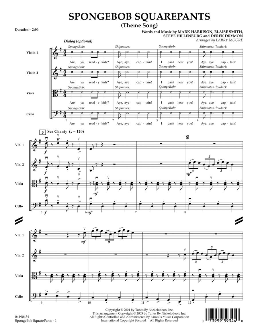 SpongeBob SquarePants (Theme Song) - Full Score String Quartet scores gallery preview page 1