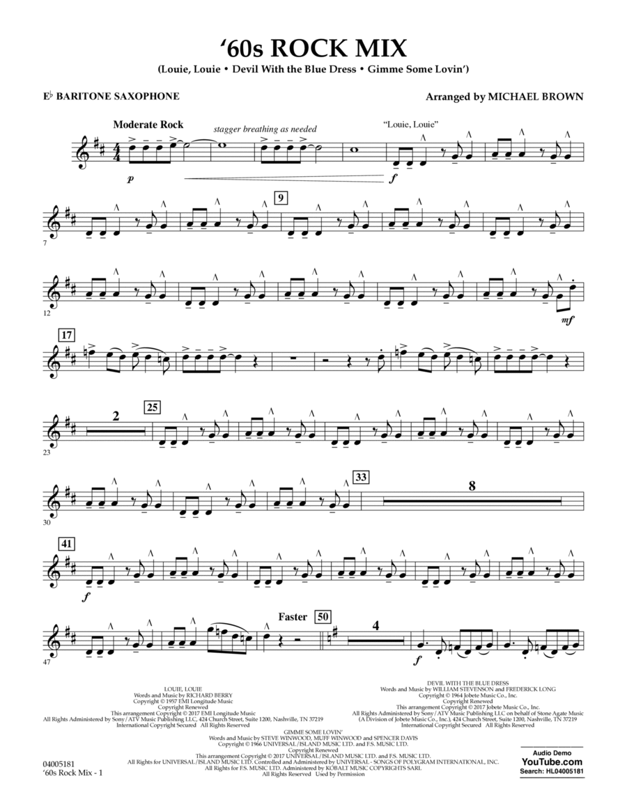 '60s Rock Mix - Eb Baritone Saxophone Baritone Saxophone scores gallery preview page 1