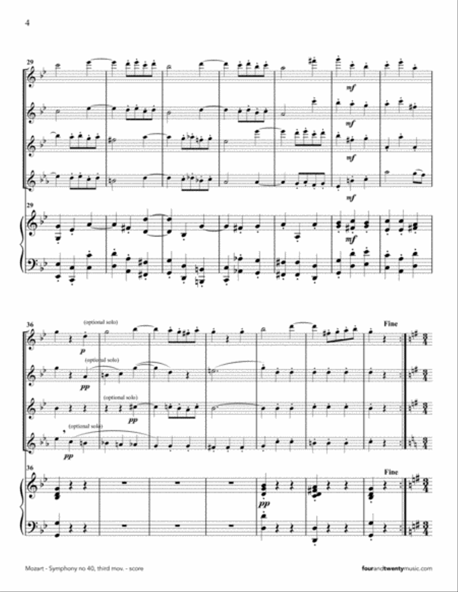 Symphony no 40, third movement (Minuetto and trio) arranged for four flutes and piano Small Ensemble scores gallery preview page 4