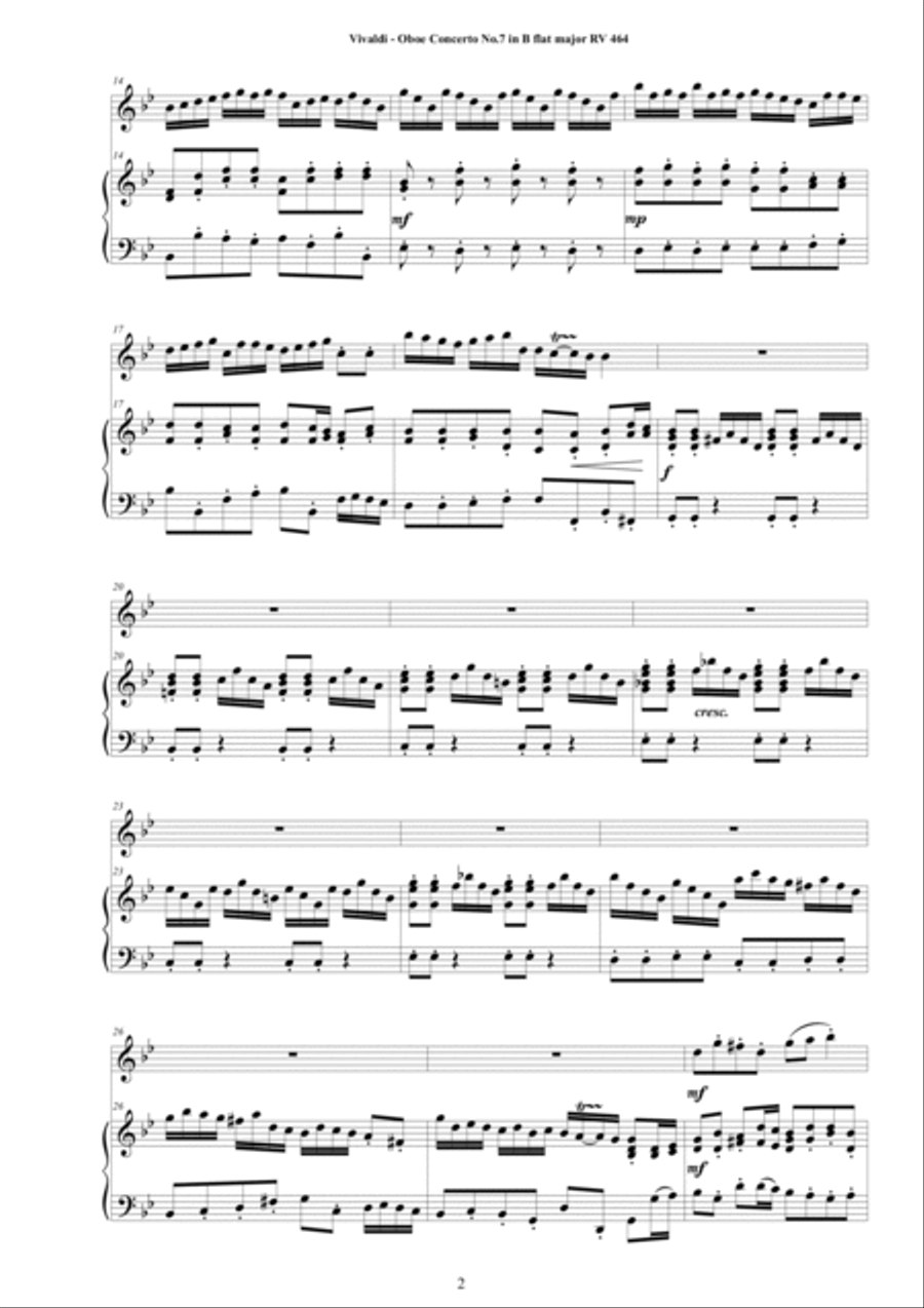 Vivaldi - Oboe Concerto No.7 in B flat RV 464 Op.7 for Oboe and Cembalo or Piano Harpsichord scores gallery preview page 2