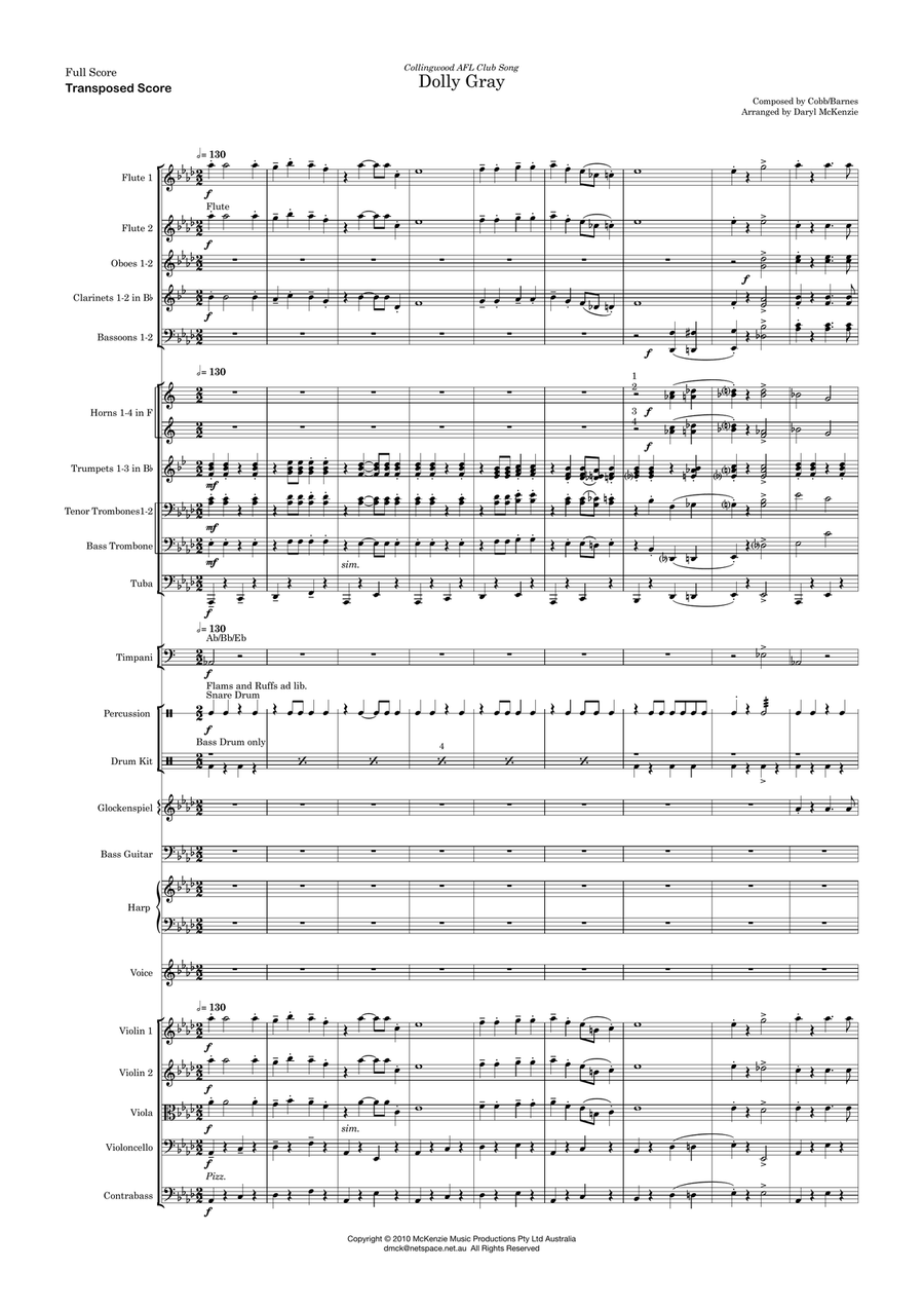 Dolly Gray - Collingwood AFL club song. Vocal and Orchestra Large Ensemble scores gallery preview page 1