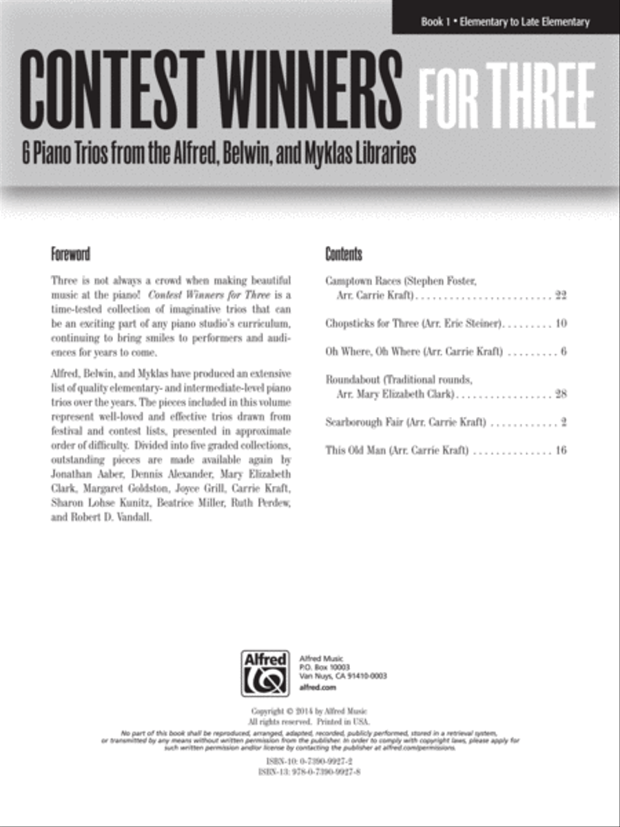 Contest Winners for Three, Book 1: 6 Piano Trios from the Alfred, Belwin, and Myklas Libraries Piano Trio scores gallery preview page 1