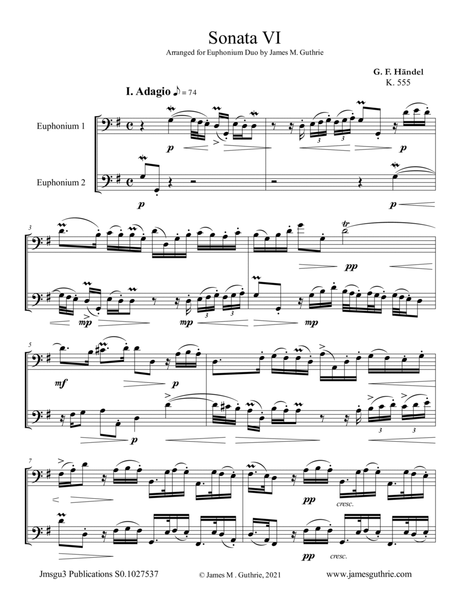 Handel: Sonata No. 6 for Euphonium Duo Brass Duet scores gallery preview page 1