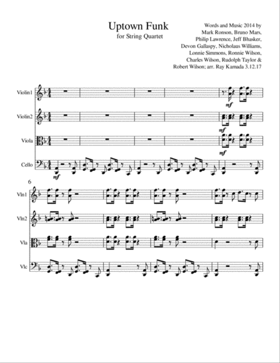 Uptown Funk String Quartet scores gallery preview page 1