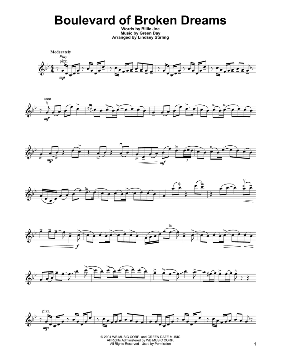 Boulevard Of Broken Dreams Violin Solo scores gallery preview page 1