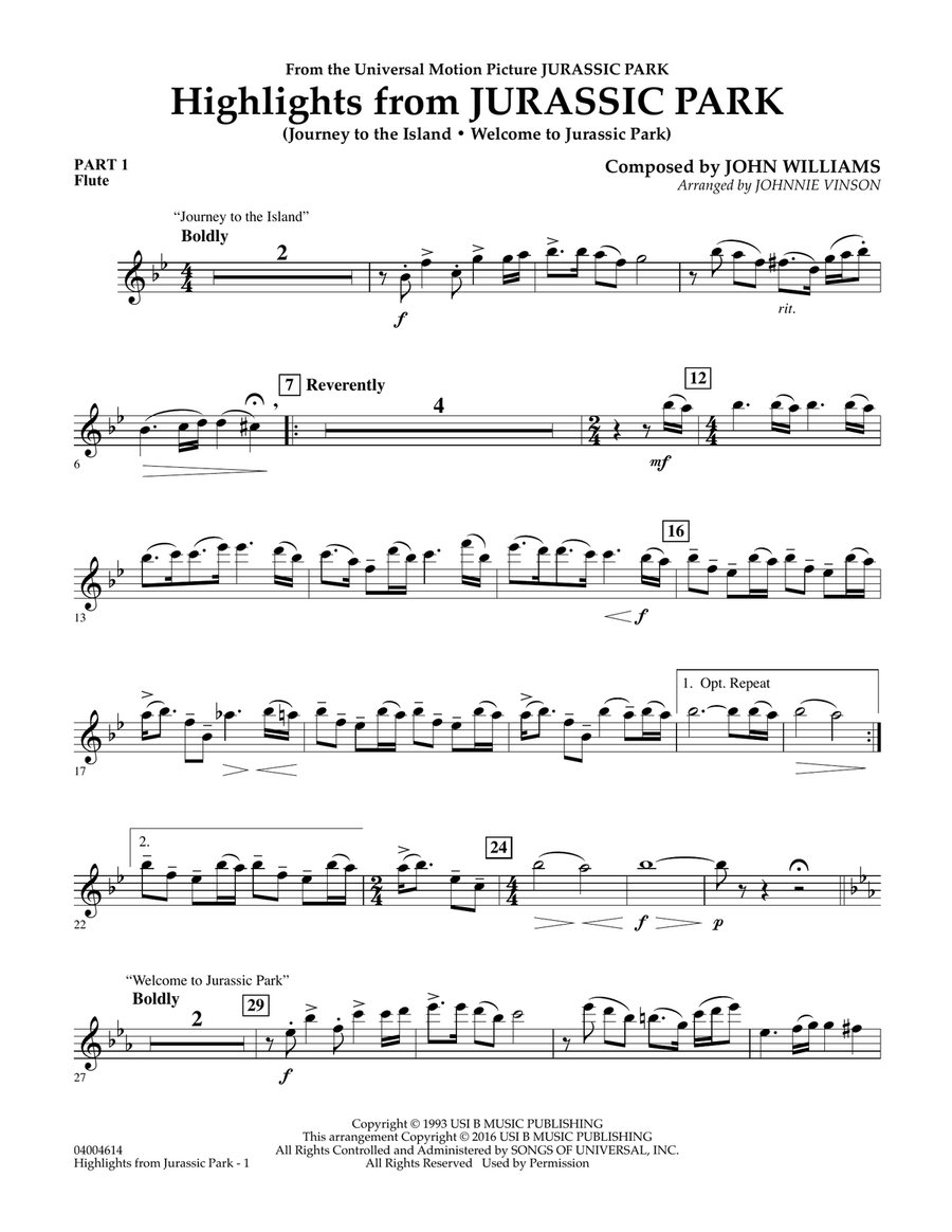 Highlights from Jurassic Park - Pt.1 - Flute Concert Band scores gallery preview page 1
