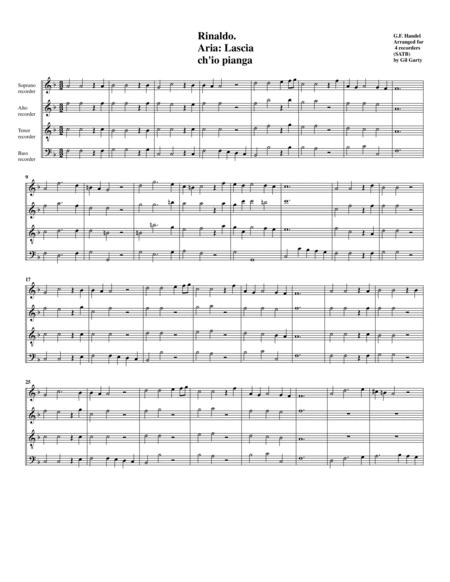 Aria: Lascia ch'io pianga from the opera Rinaldo (arrangement for 4 recorders)
