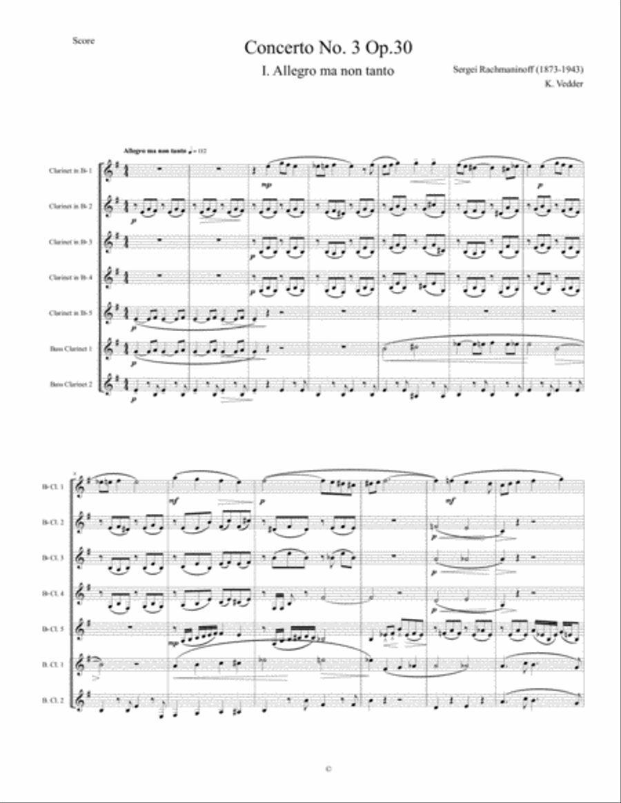 Rachmaninoff - Piano Concerto No. 3 - Clarinet Choir Clarinet Choir scores gallery preview page 1