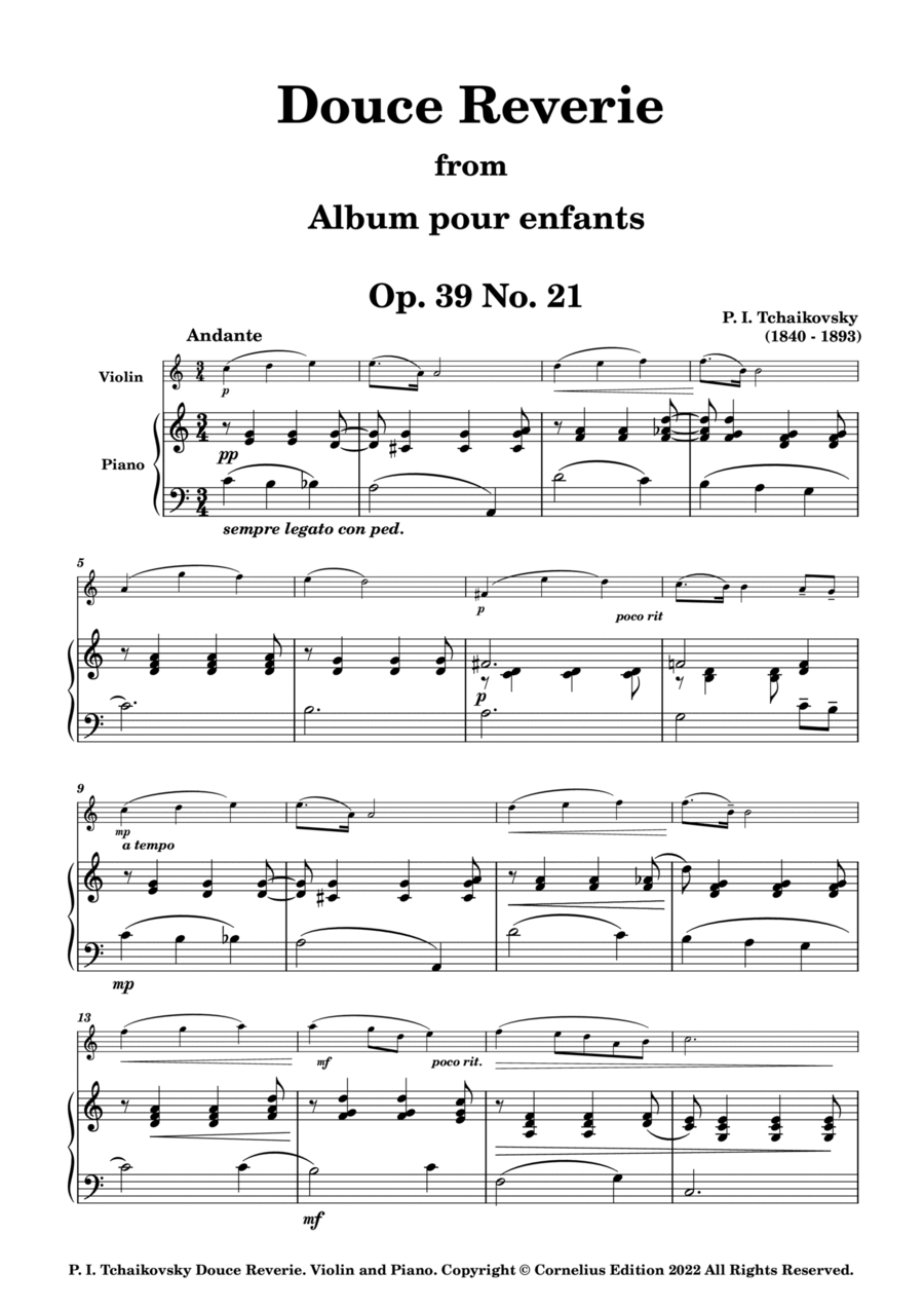 Tchaikovsky Opus 39 No. 21 Album for the Young. Douce Reverie (Sweet Dreams) Violin and Piano Violin Solo scores gallery preview page 1