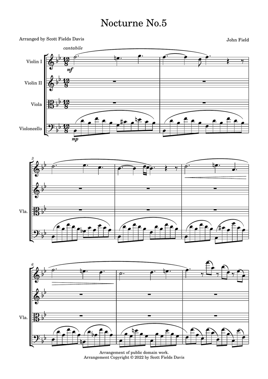 Nocturne No. 5 by John Field, arranged for string quartet by Scott Fields Davis String Quartet scores gallery preview page 1